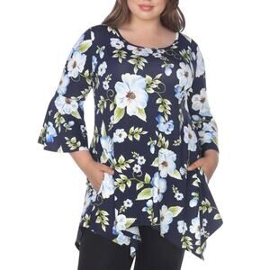 White Mark Blanche Blue Floral Asymmetric 3/4 Sleeve Tunic Top Plus Size 3XL NWT